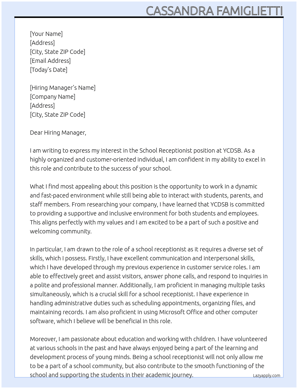School receptionist At YCDSB Cover Letter