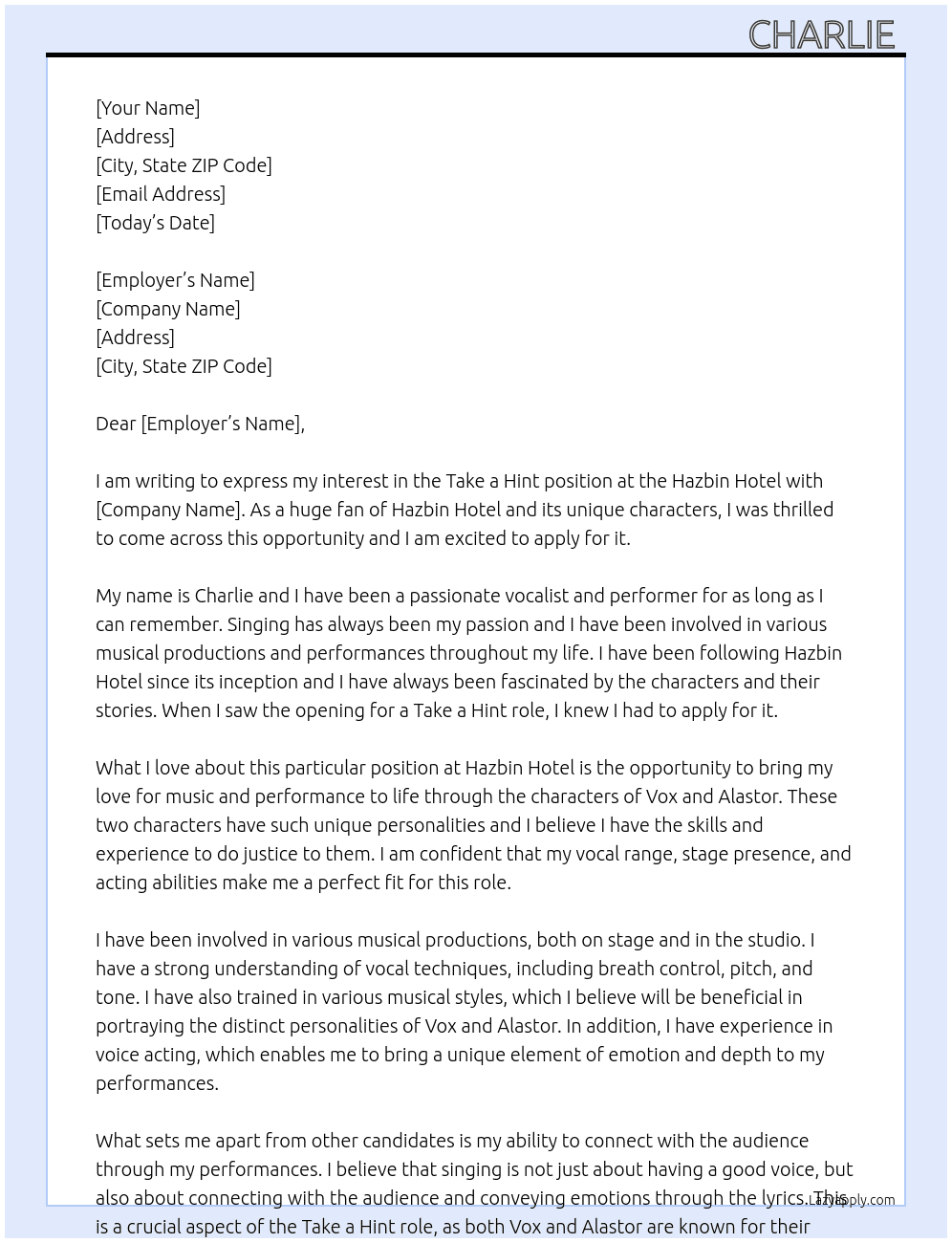 Take a hint  (hazbin hotel) At I don’t know  Cover Letter