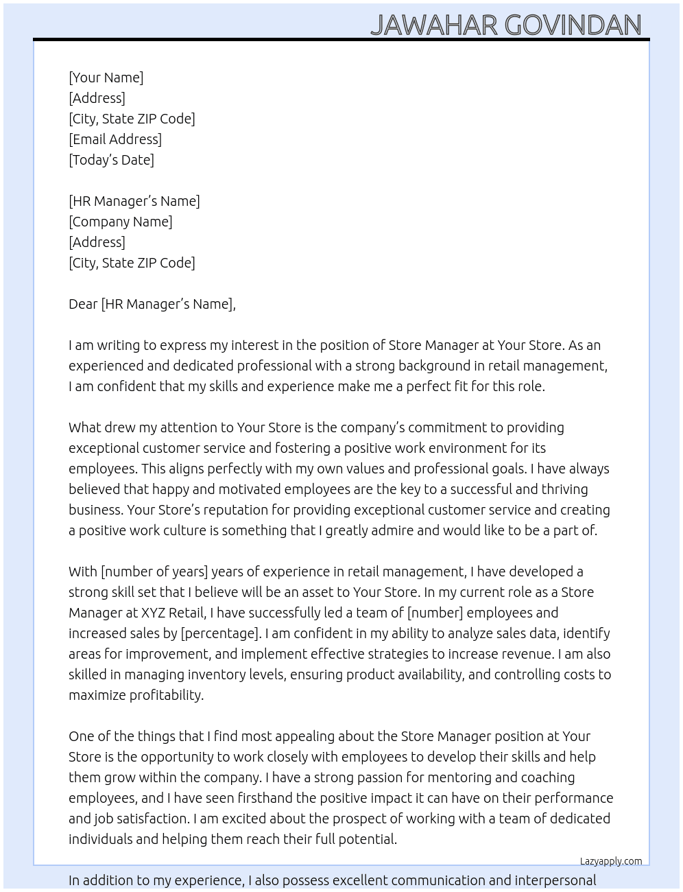 Store Manager  At Your store. Cover Letter