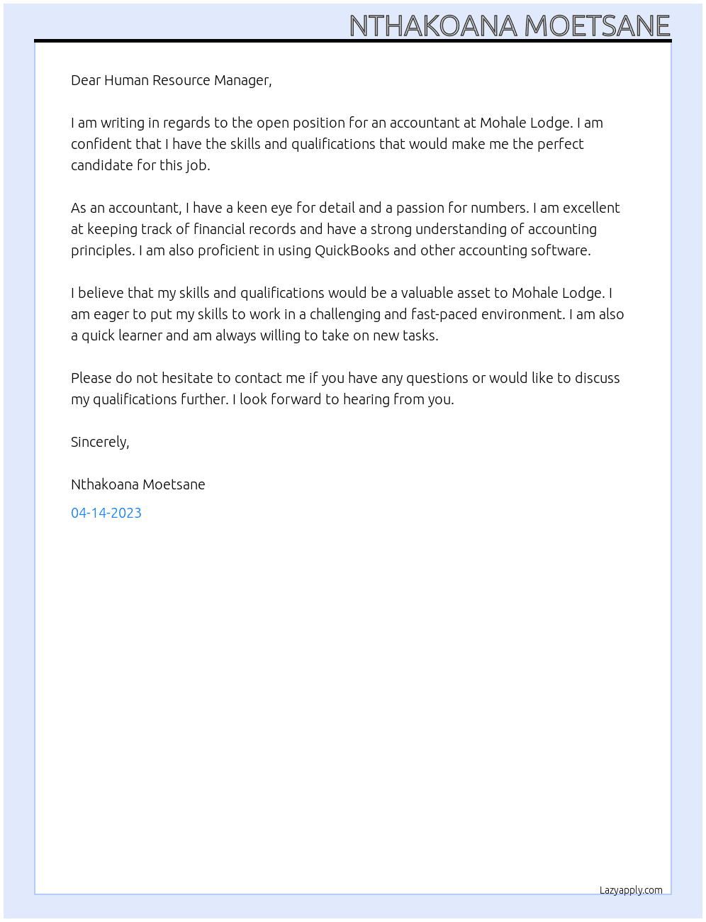Accountant At Mohale Lodge Cover Letter