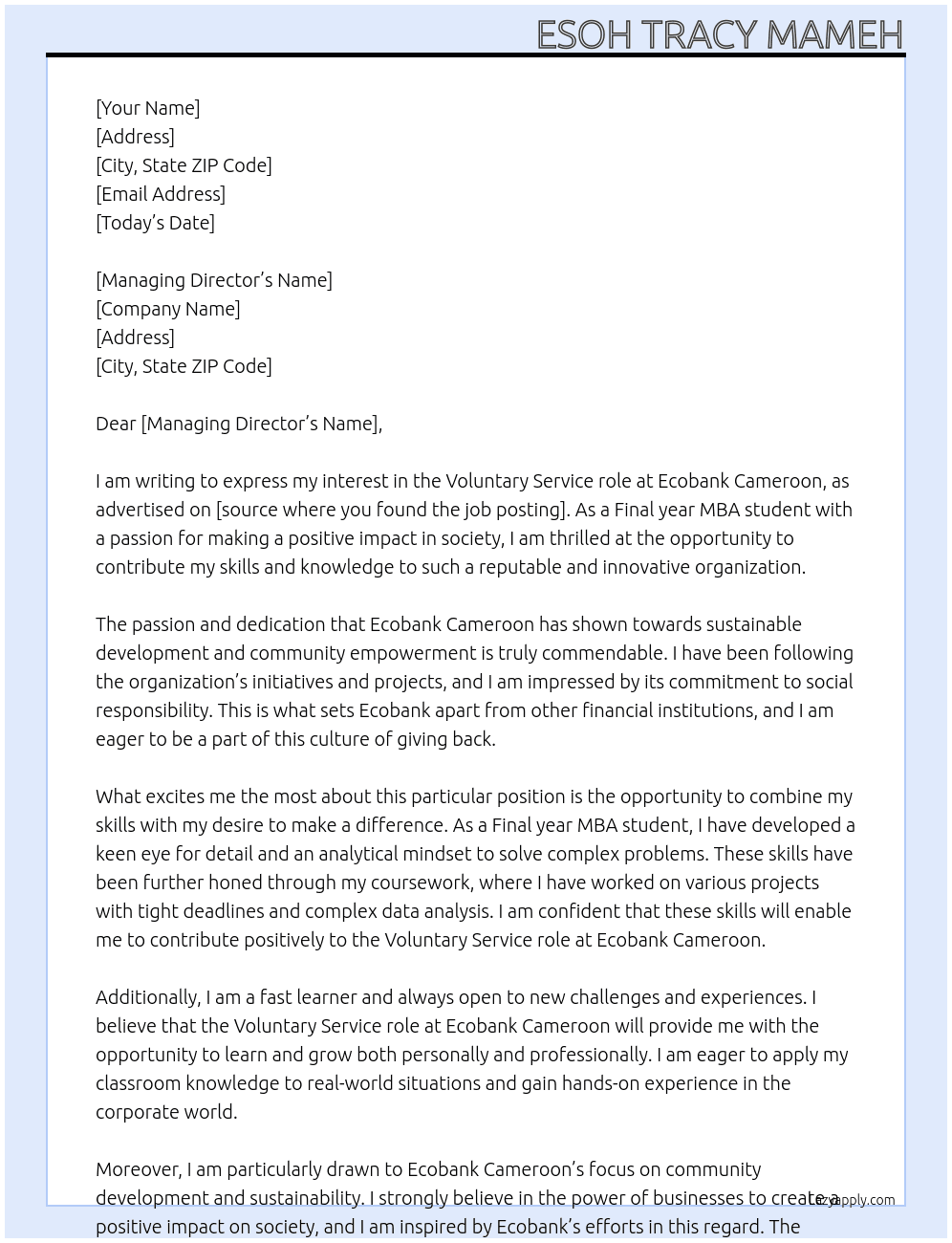 Voluntary Service At Ecobank Cameroon Cover Letter