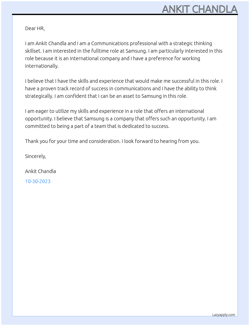 Communications professional  At Samsung Cover Letter