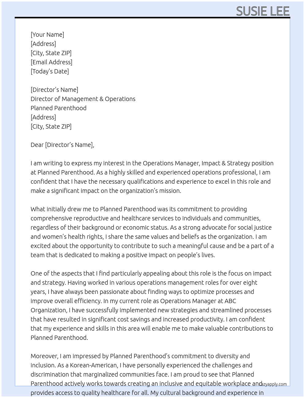 Operations Manager, Impact & Strategy At Planned Parenthood Cover Letter