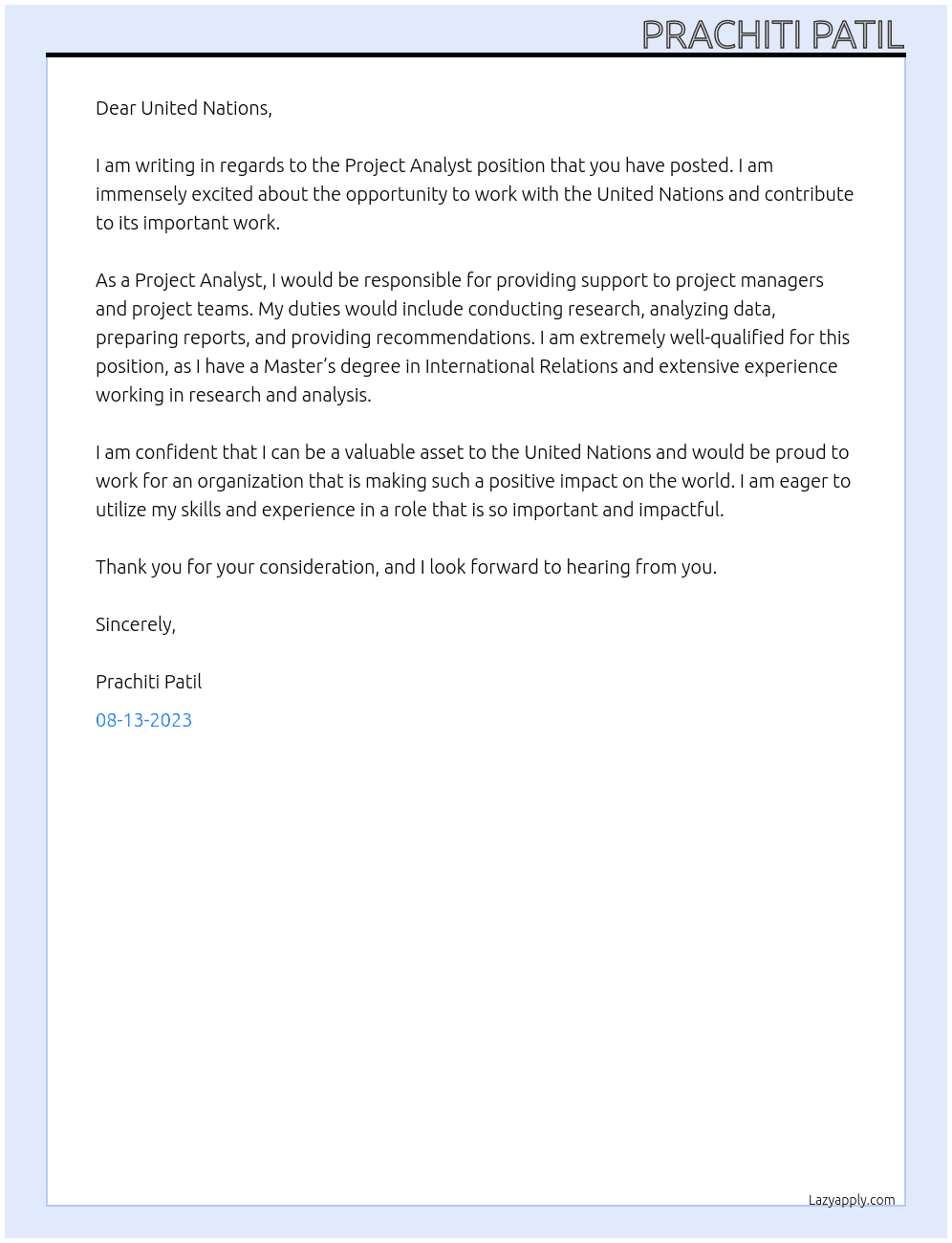 Project analyst  At United Nations  Cover Letter