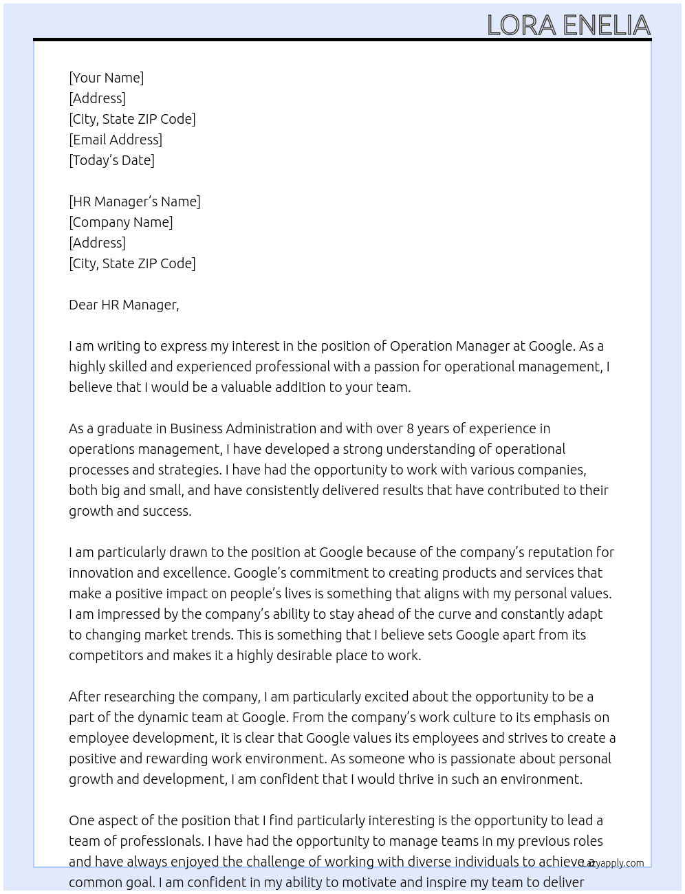Operation Manager  At Google Cover Letter