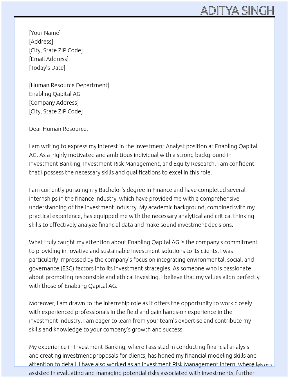 Investment analyst  At Enabling Qapital AG  Cover Letter