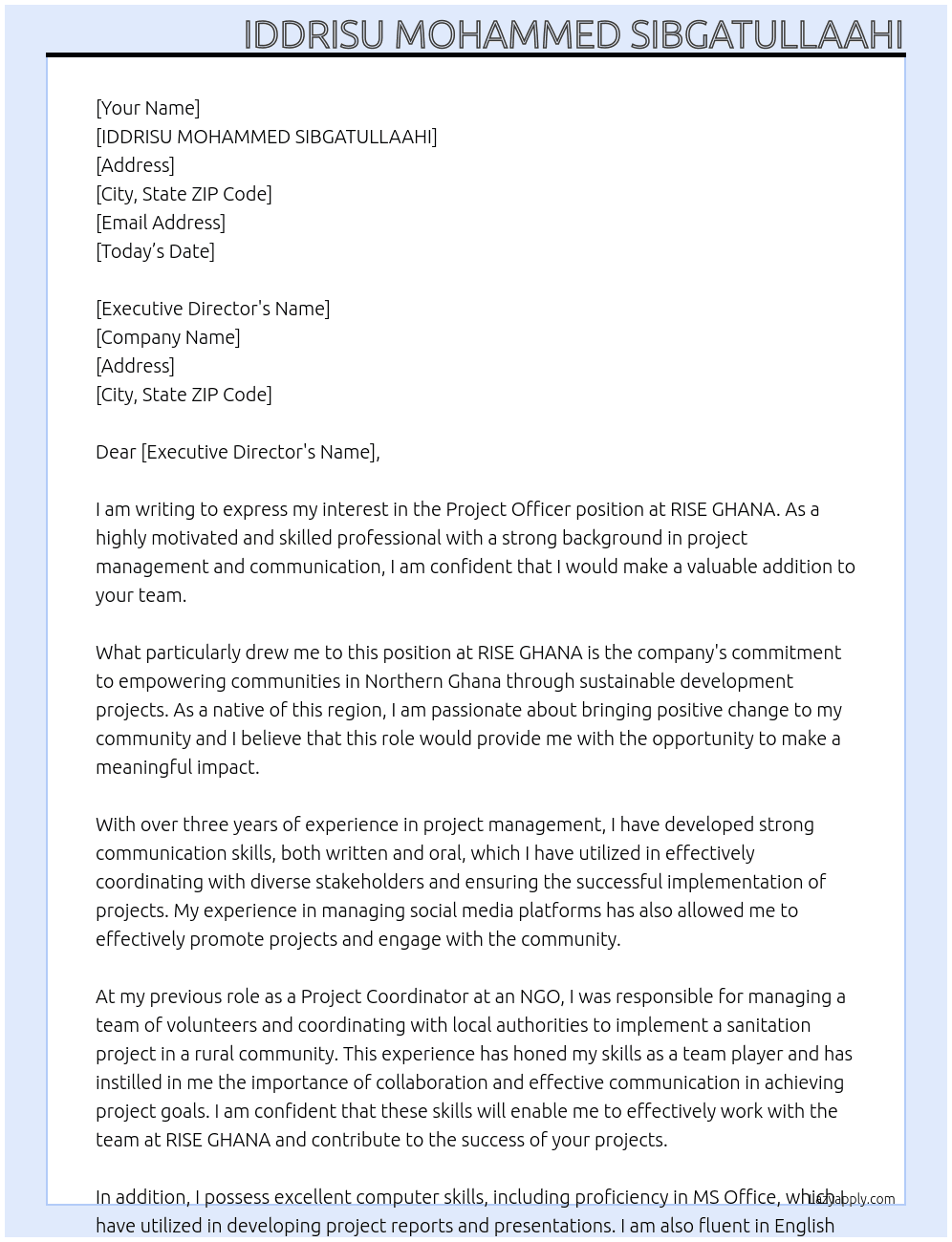 PROJECT OFFICER At RISE GHANA Cover Letter