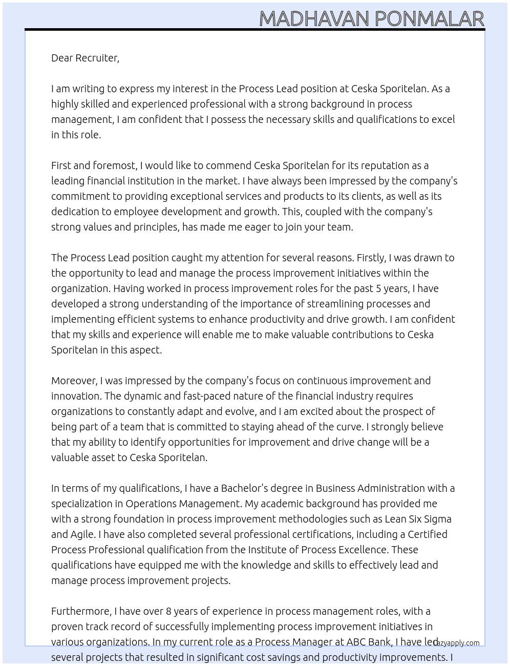 Process lead At Ceska Sporitelan Cover Letter