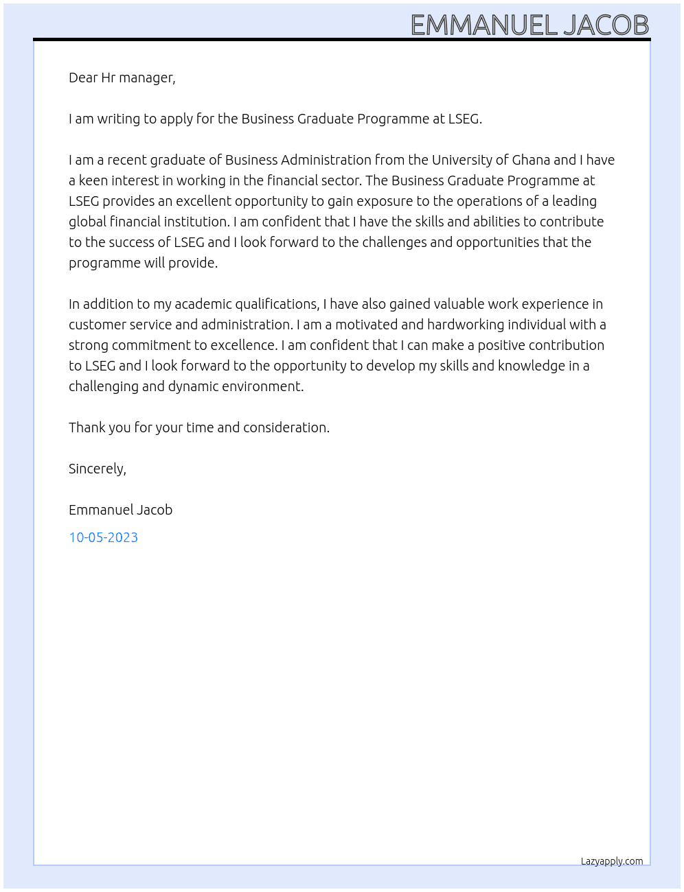 Business Graduate Programme At LSEG Cover Letter
