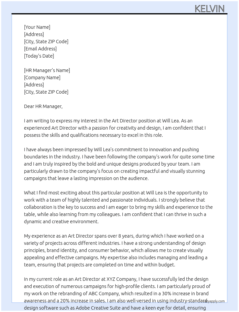 Art Director At Will Lea Cover Letter