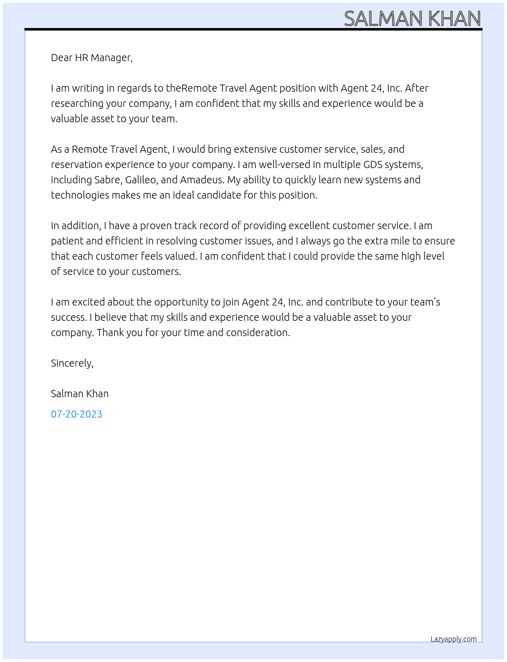 Remote Travel Agent At Agent 24, Inc. Cover Letter