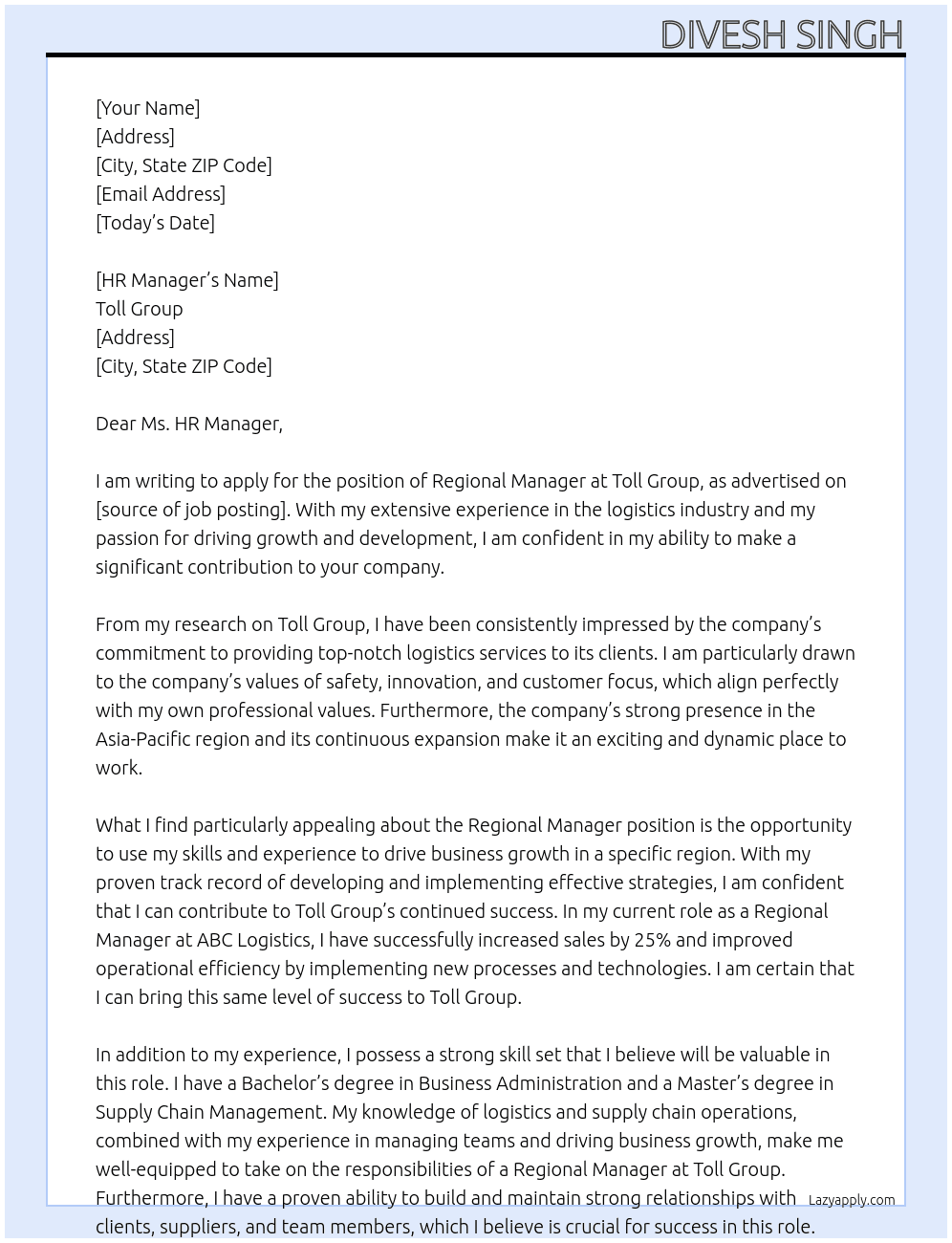 Regional Manager At Toll Groupq Cover Letter