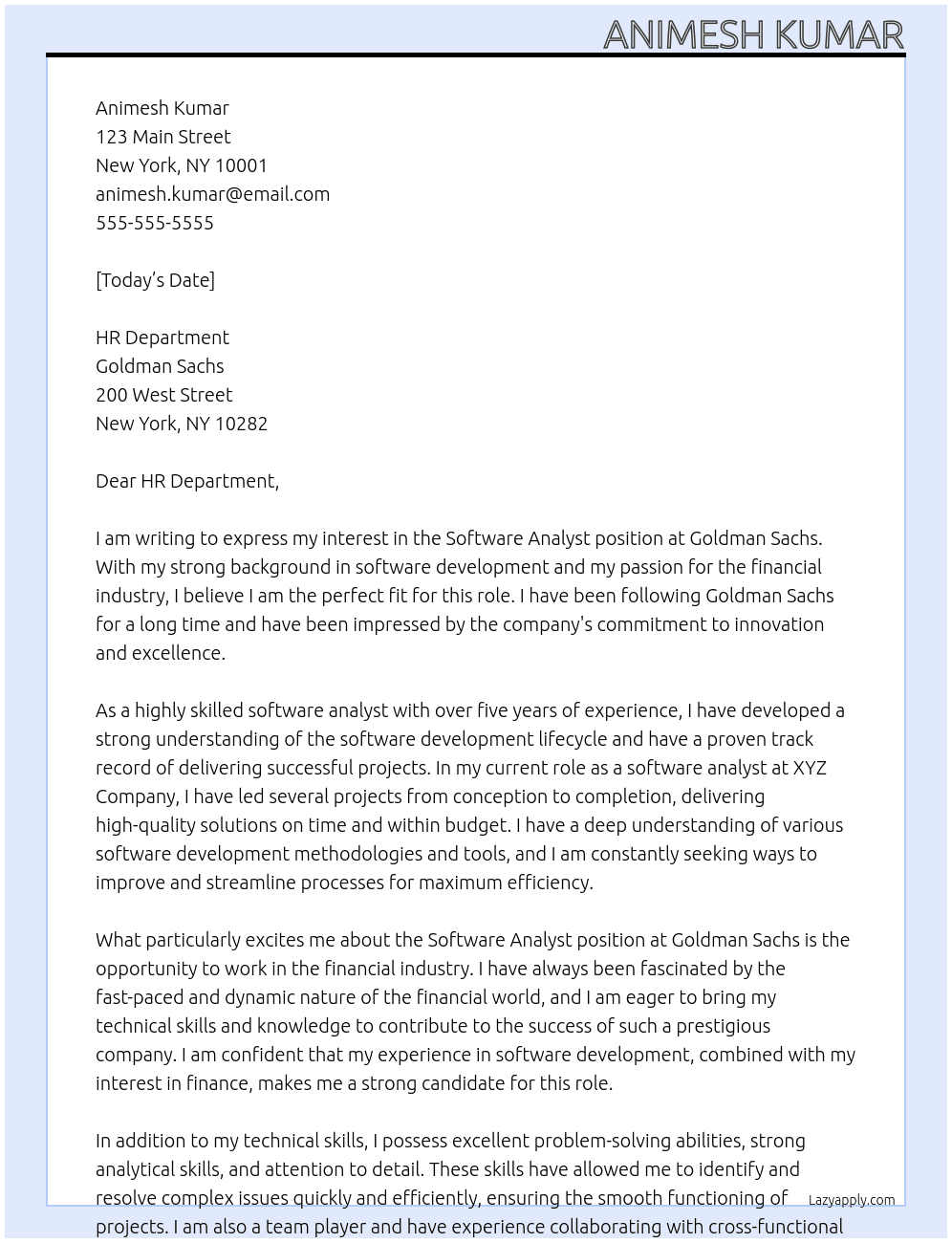 software analyst At Goldman Sachs Cover Letter