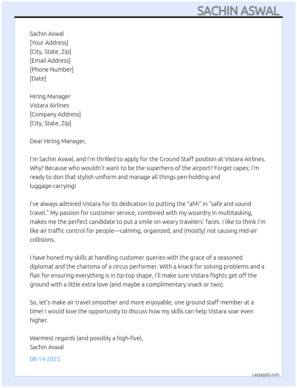 Ground Staff At Vistara Airlines Cover Letter