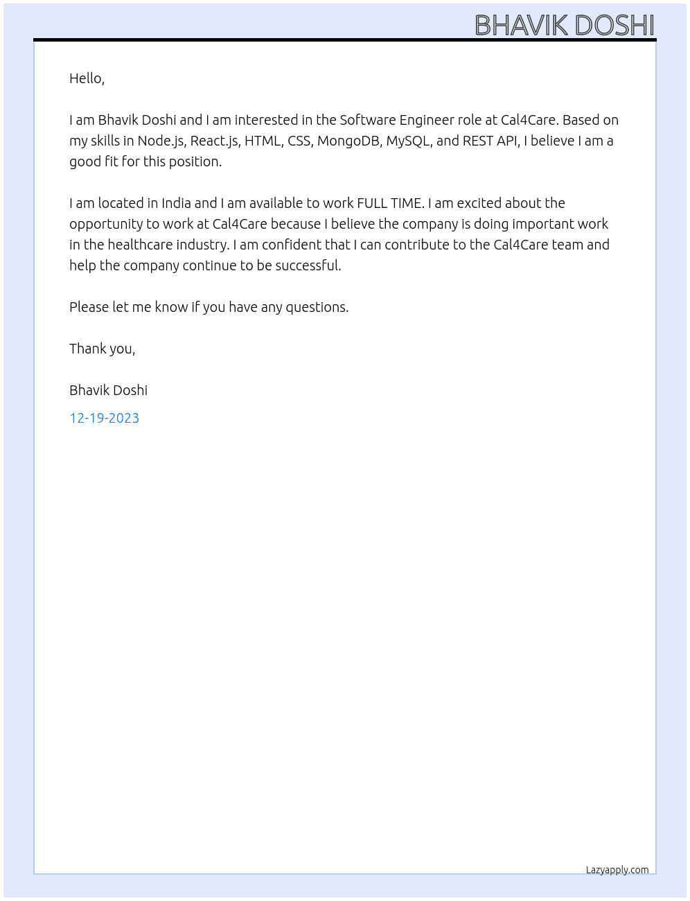 Software Engineer At cal4care Cover Letter