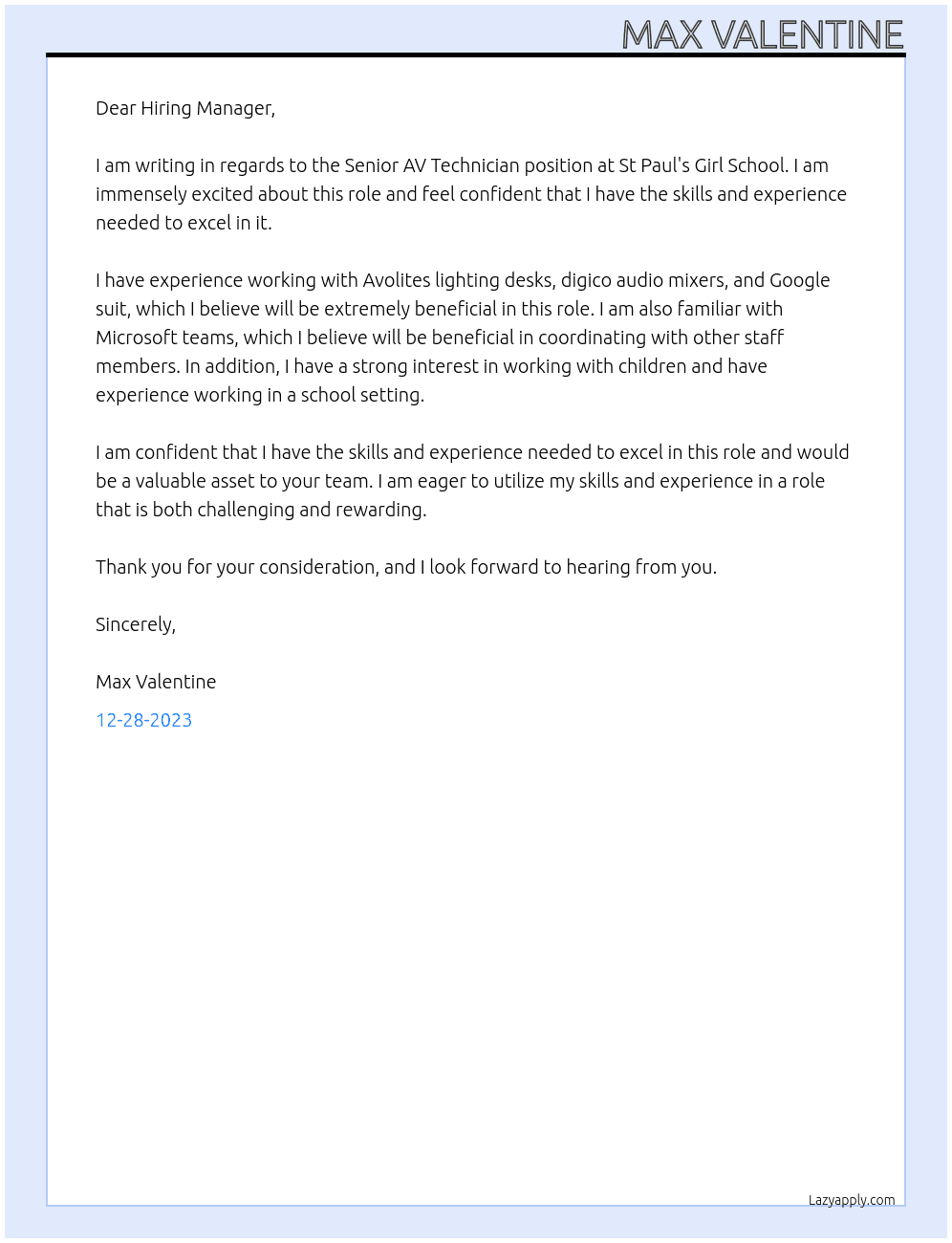 Senior Av technician At St Paul's girl school  Cover Letter