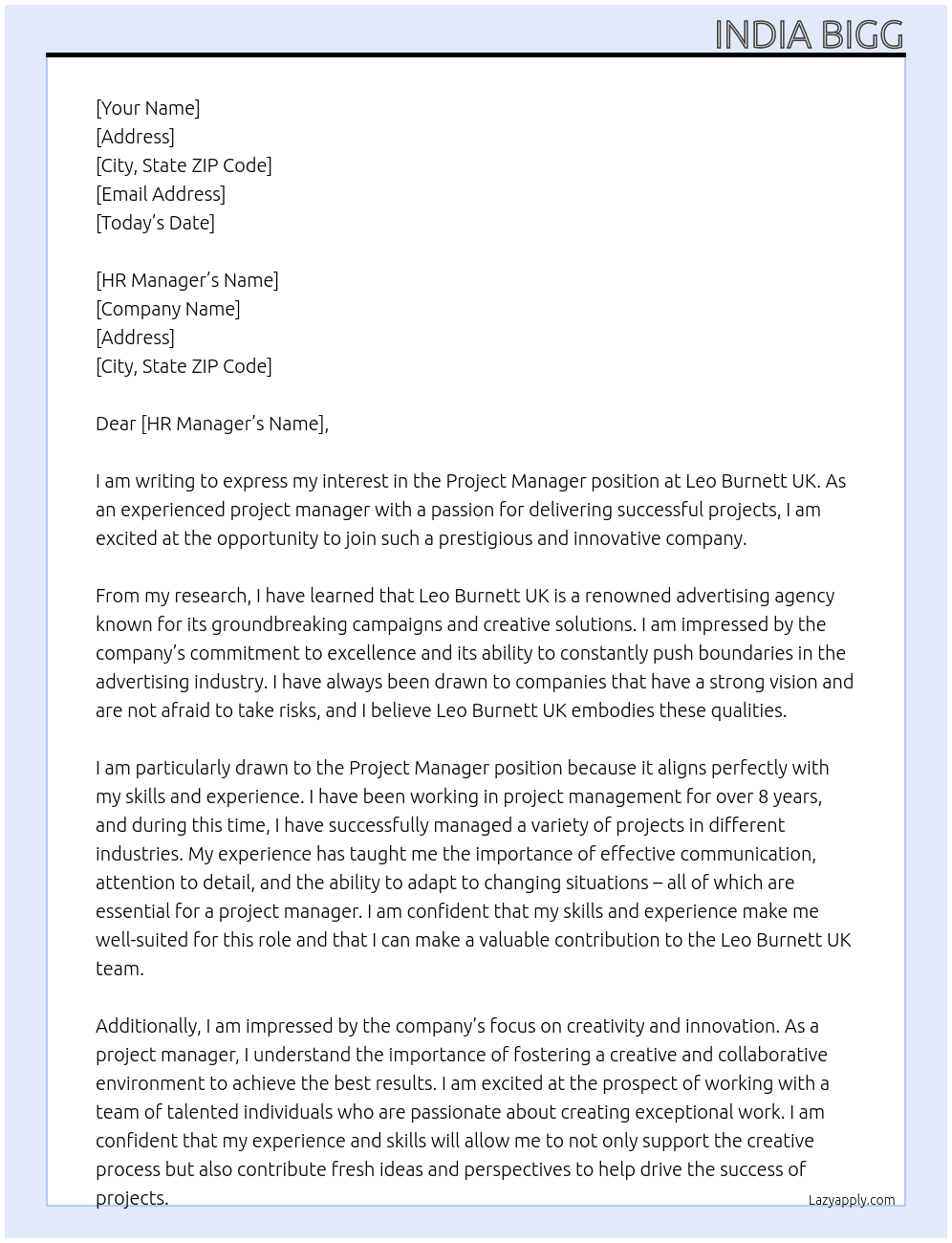 Project manager At Leo Burnett UK Cover Letter