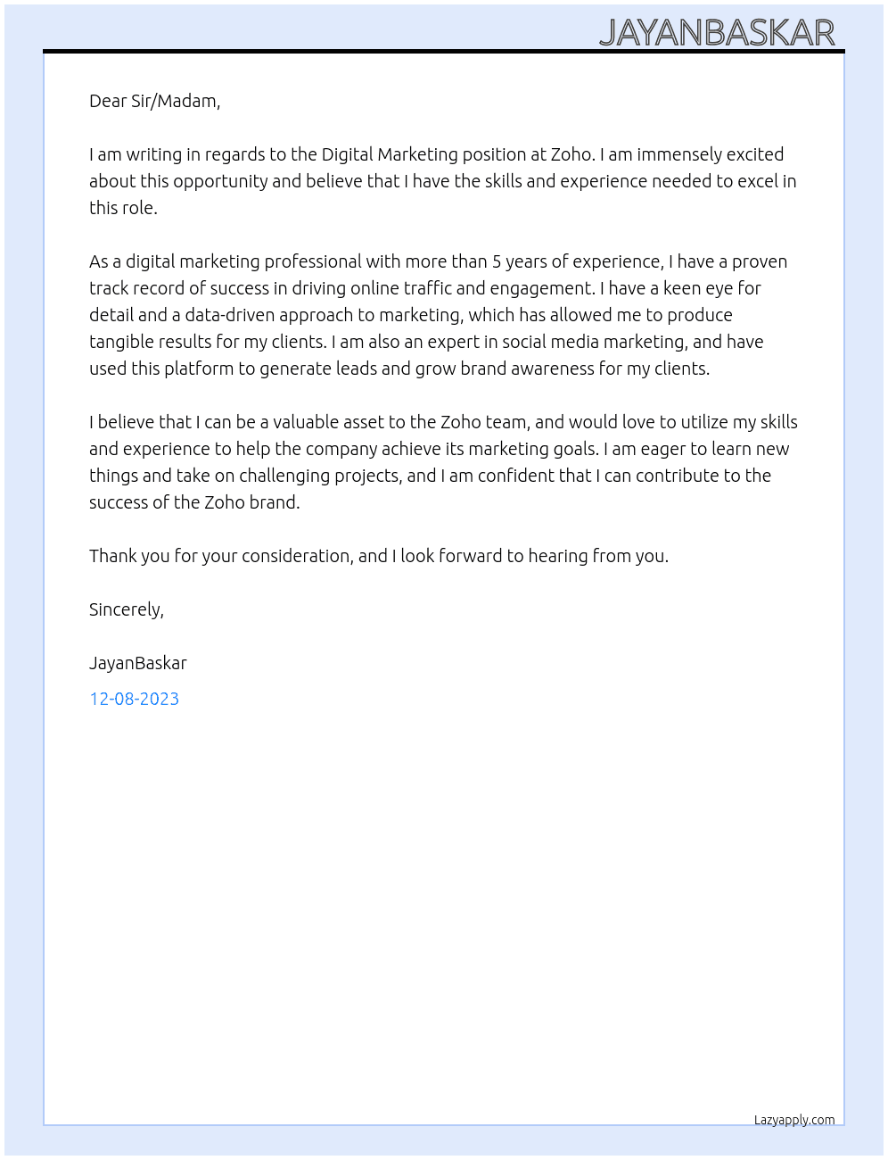 digital marketing  At Zoho Cover Letter