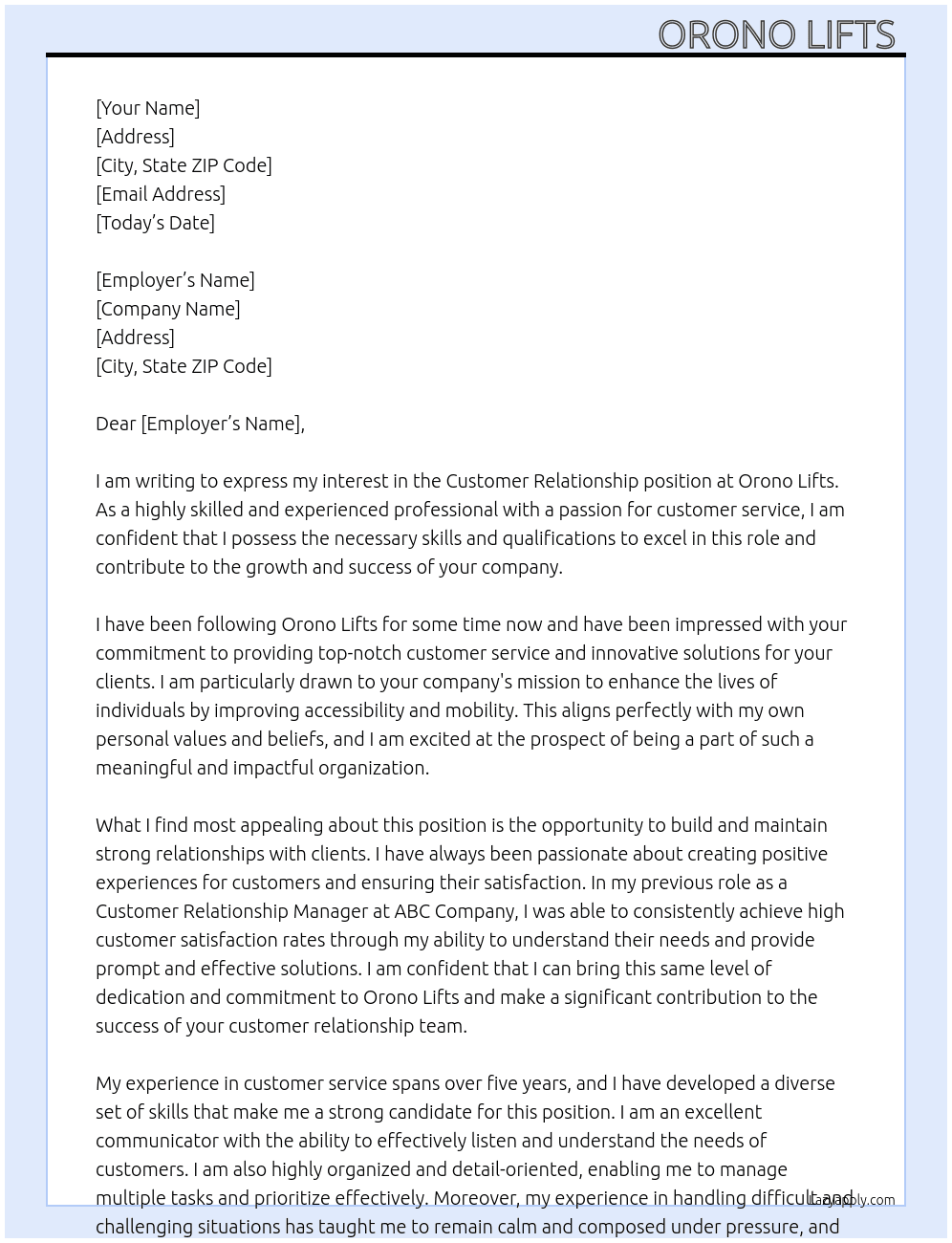 Customer relationship  At Orono lifts Cover Letter