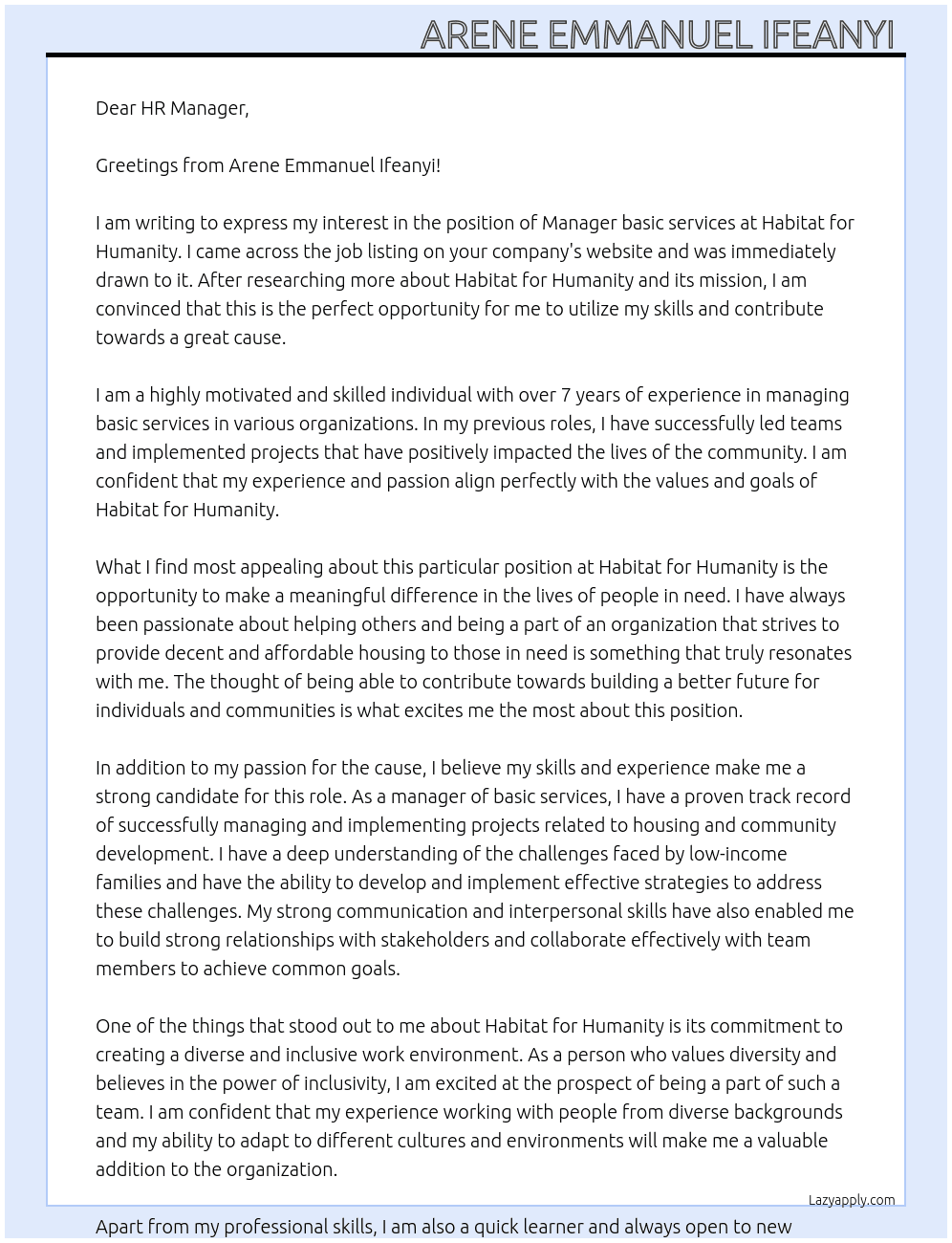 Manager basic services  At Habitat for humanity  Cover Letter