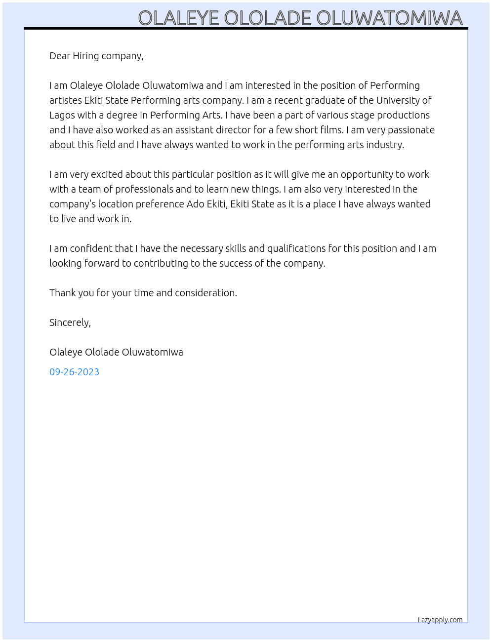 Performing artistes At Ekiti State Performing arts company  Cover Letter