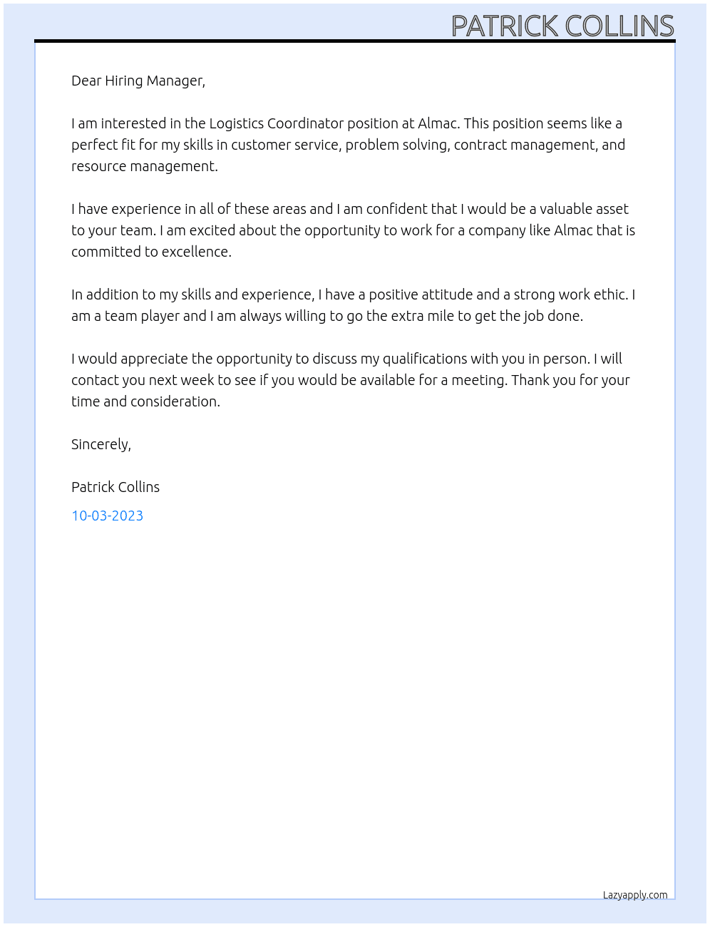 Logistics Coordinator At Almac Cover Letter