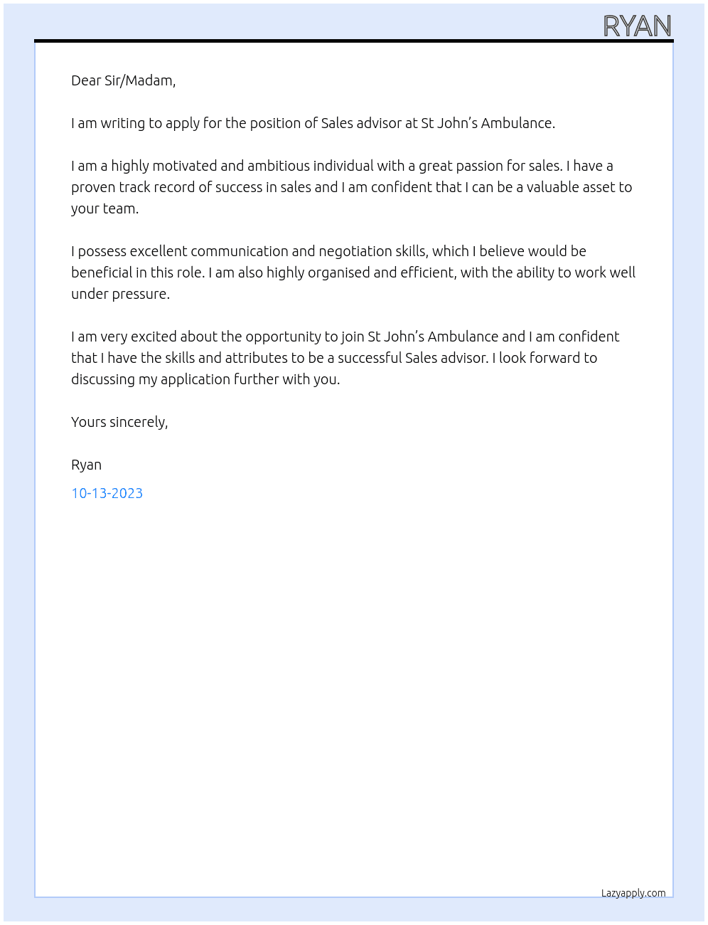 Sales advisor  At St John’s Ambulance Cover Letter