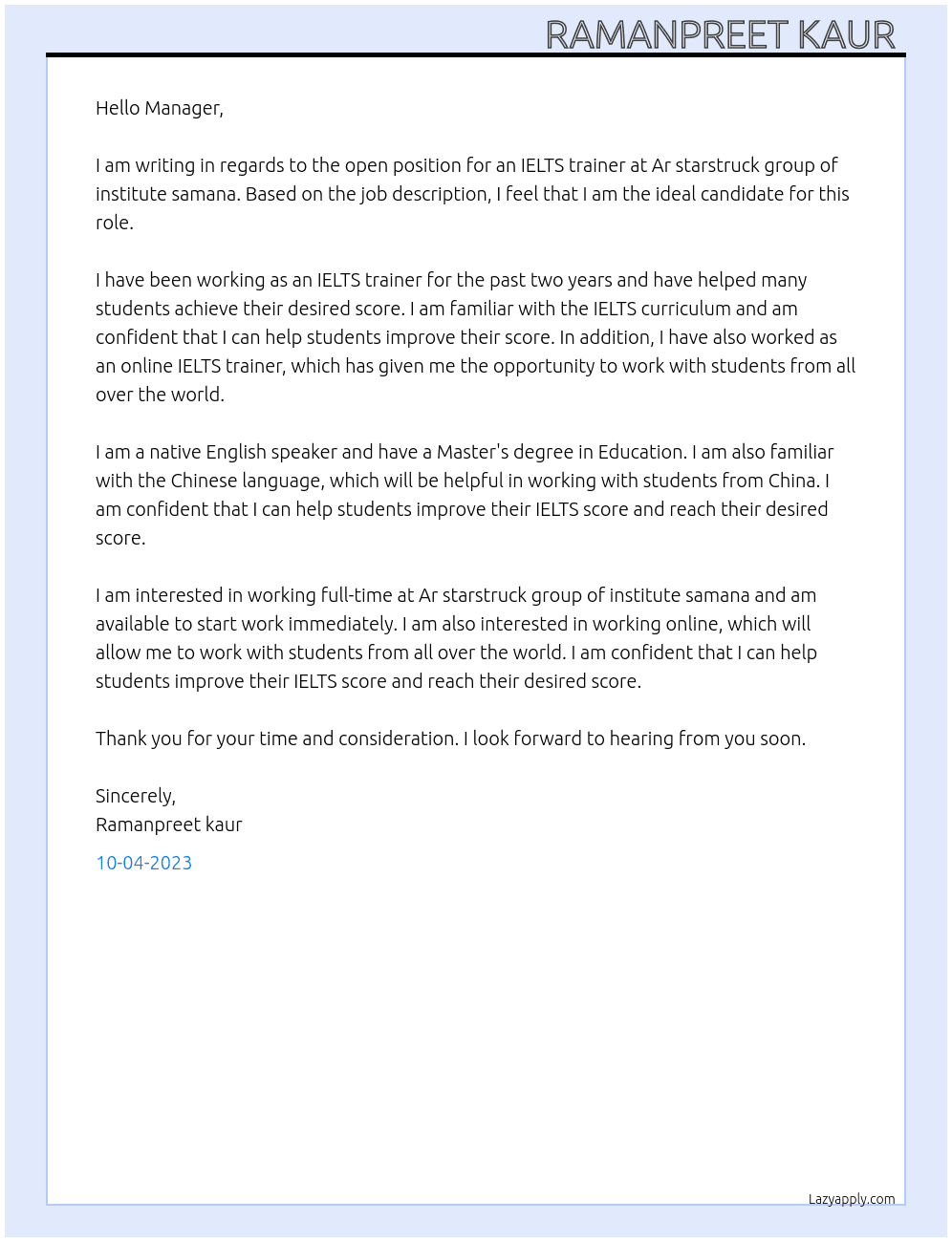 Ielts trainer  At Ar starstruck group of institute samana  Cover Letter
