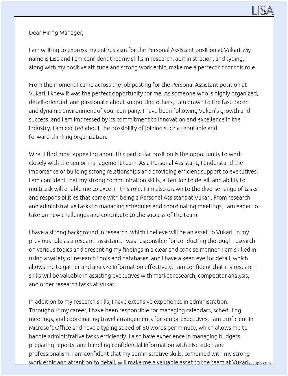 Personal assistant At vukari Cover Letter