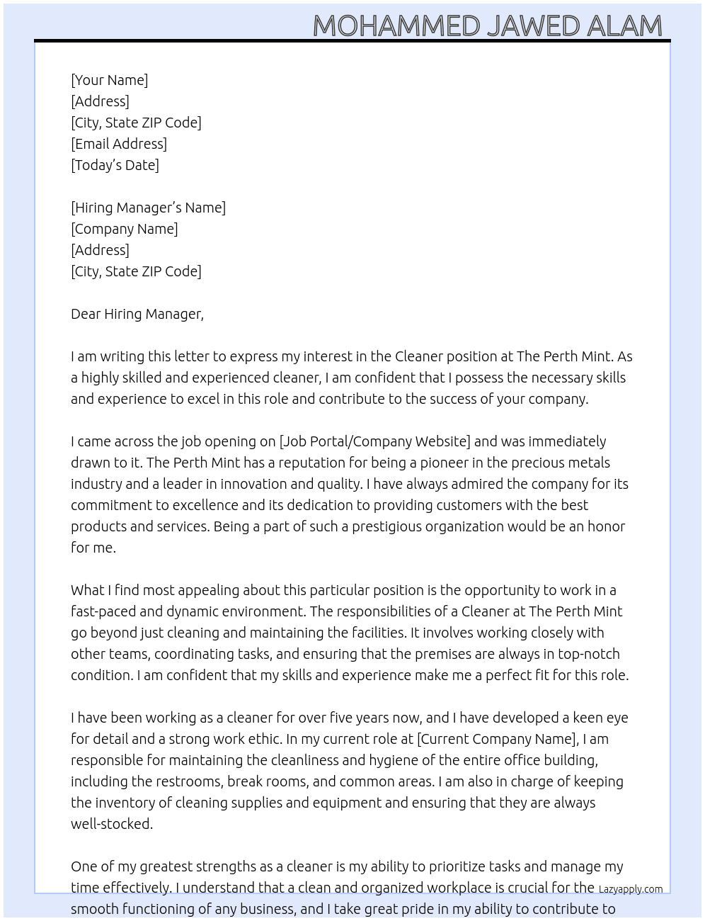 Cleaner  At The Perth Mint  Cover Letter