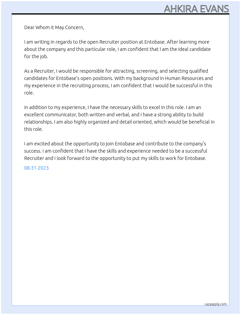 Recruiter At Entobase Cover Letter