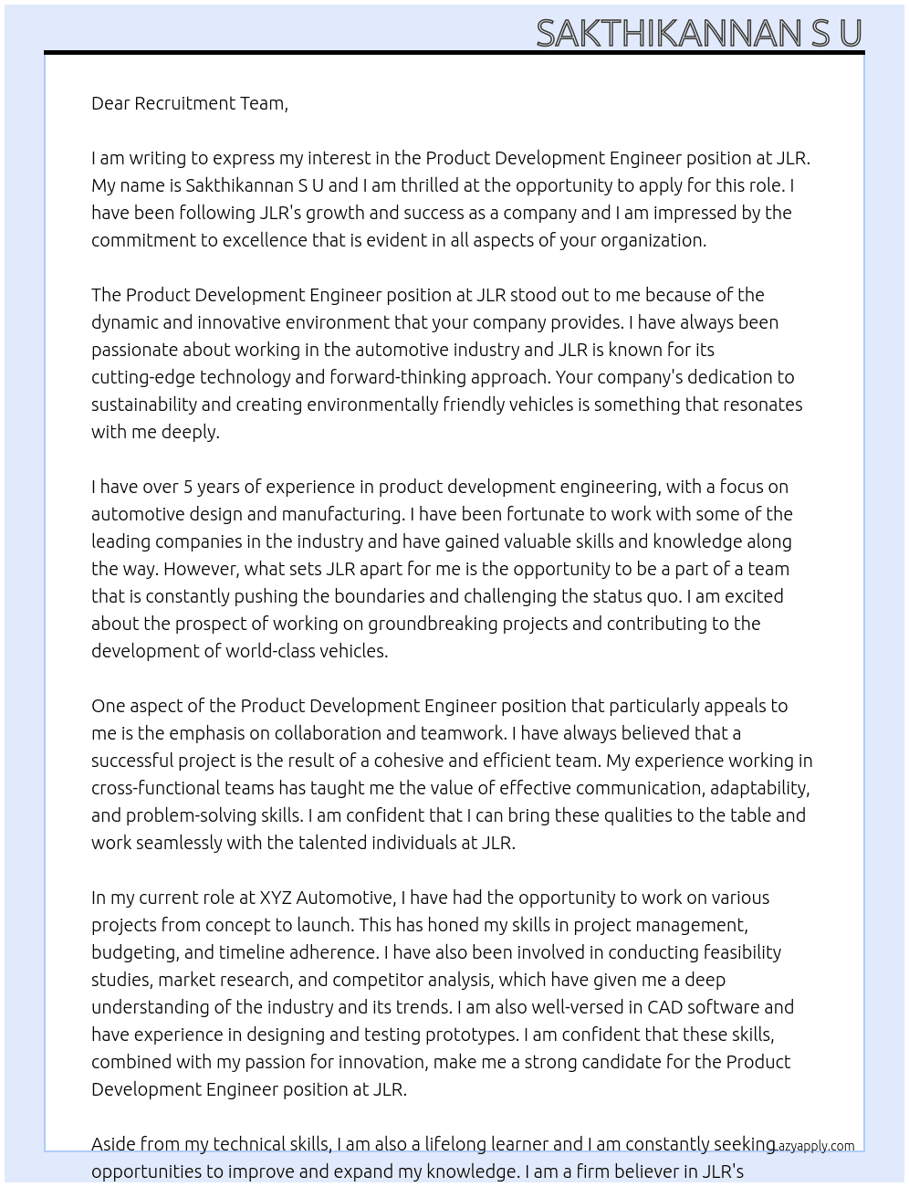 Product Development Engineer At JLR Cover Letter