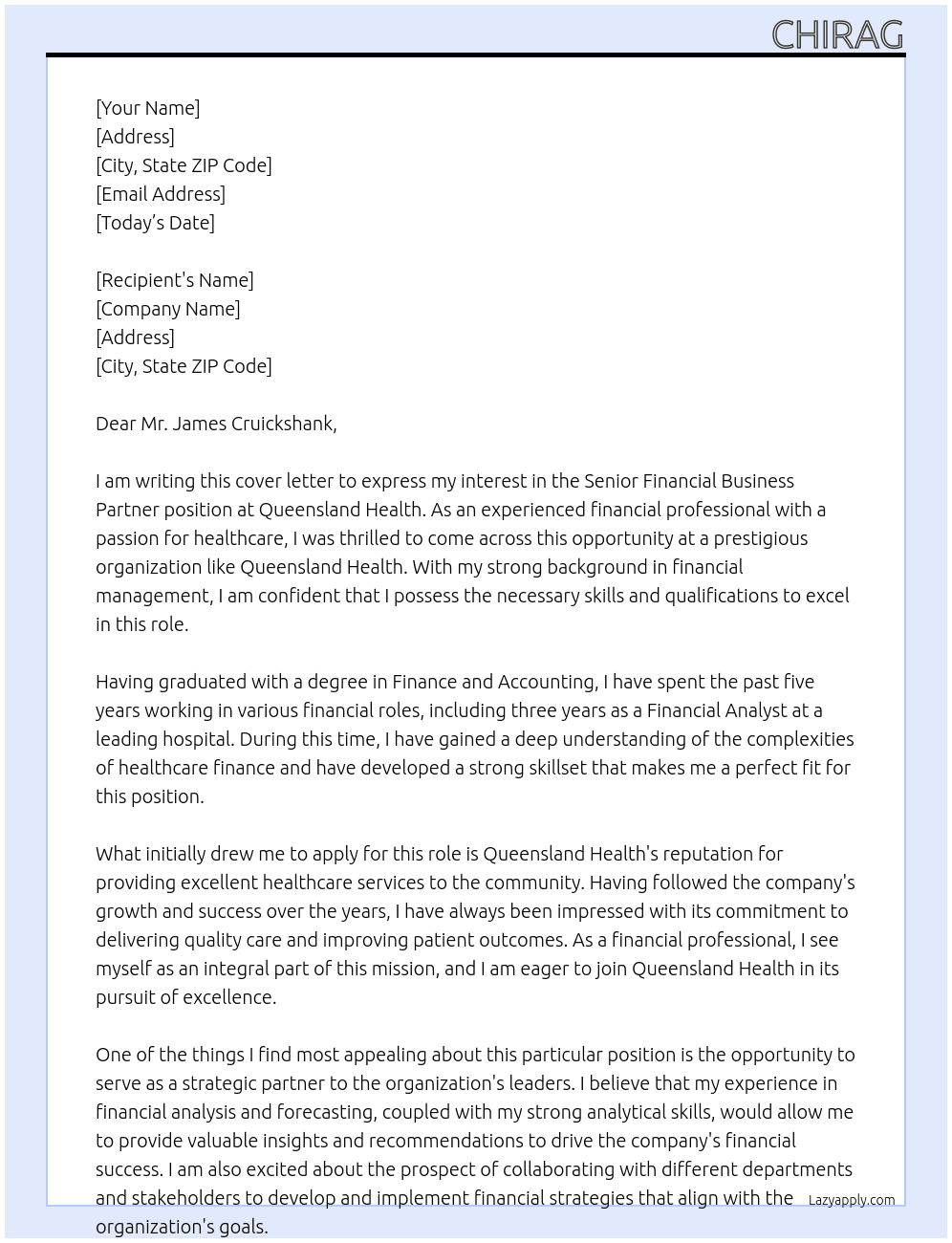 Senior Financial Business Partner At Queensland Health Cover Letter