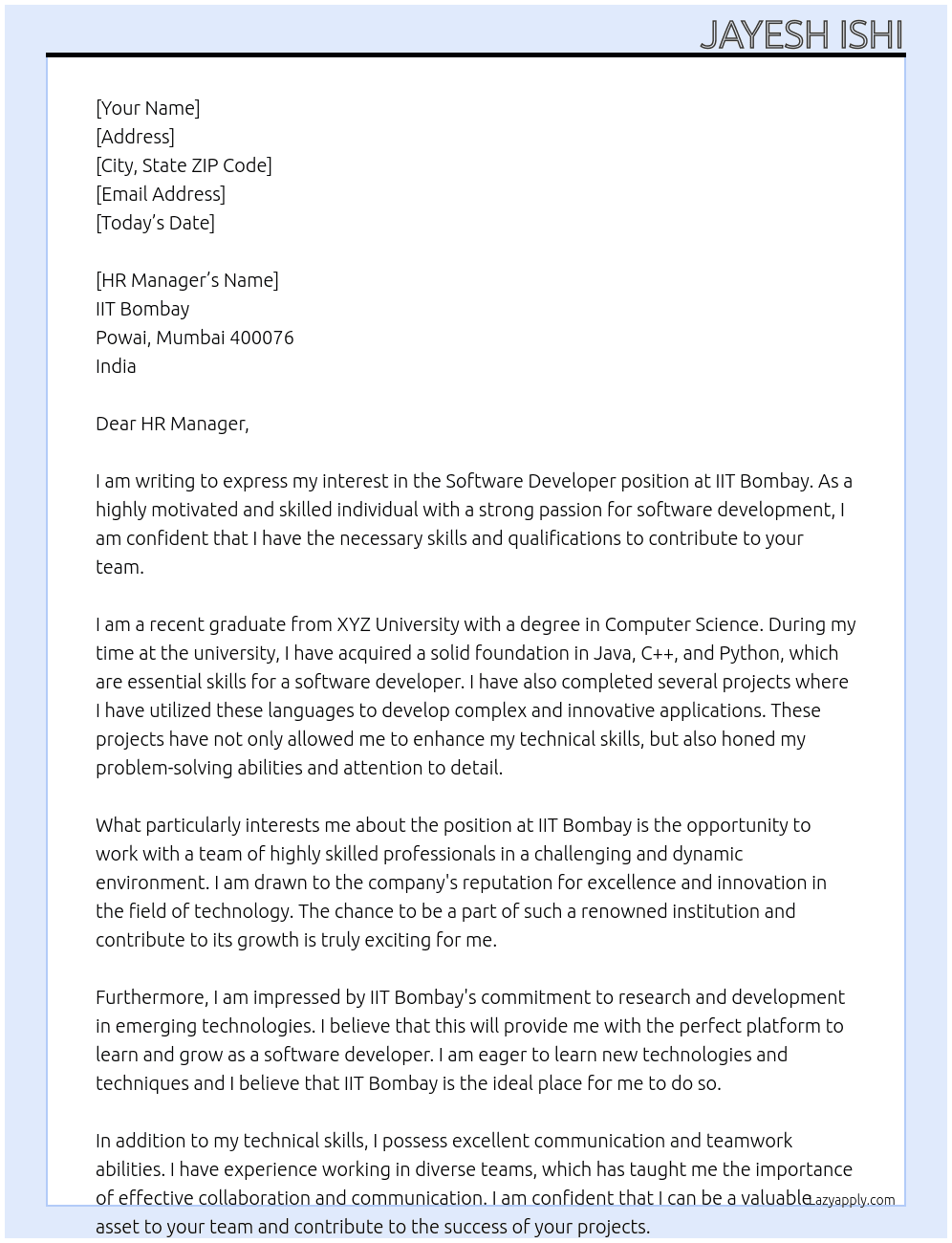 Software Developer  At IIT Bombay  Cover Letter
