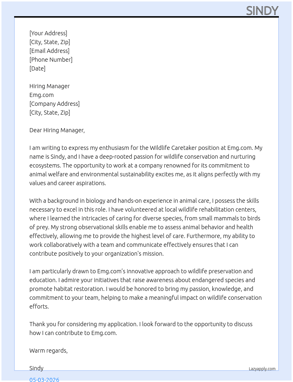 Wildlife caretaker At Emg.com Cover Letter