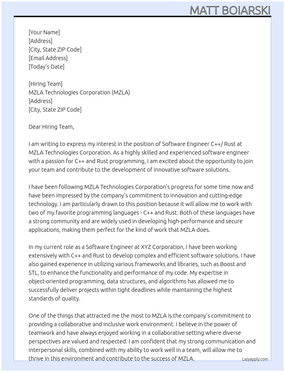 Cover letter for software engineer c++/ rust - LazyApply