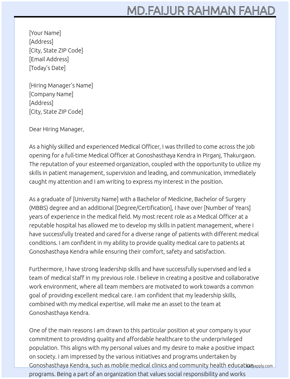 Medical Officer  At Gonoshasthaya Kendra Cover Letter