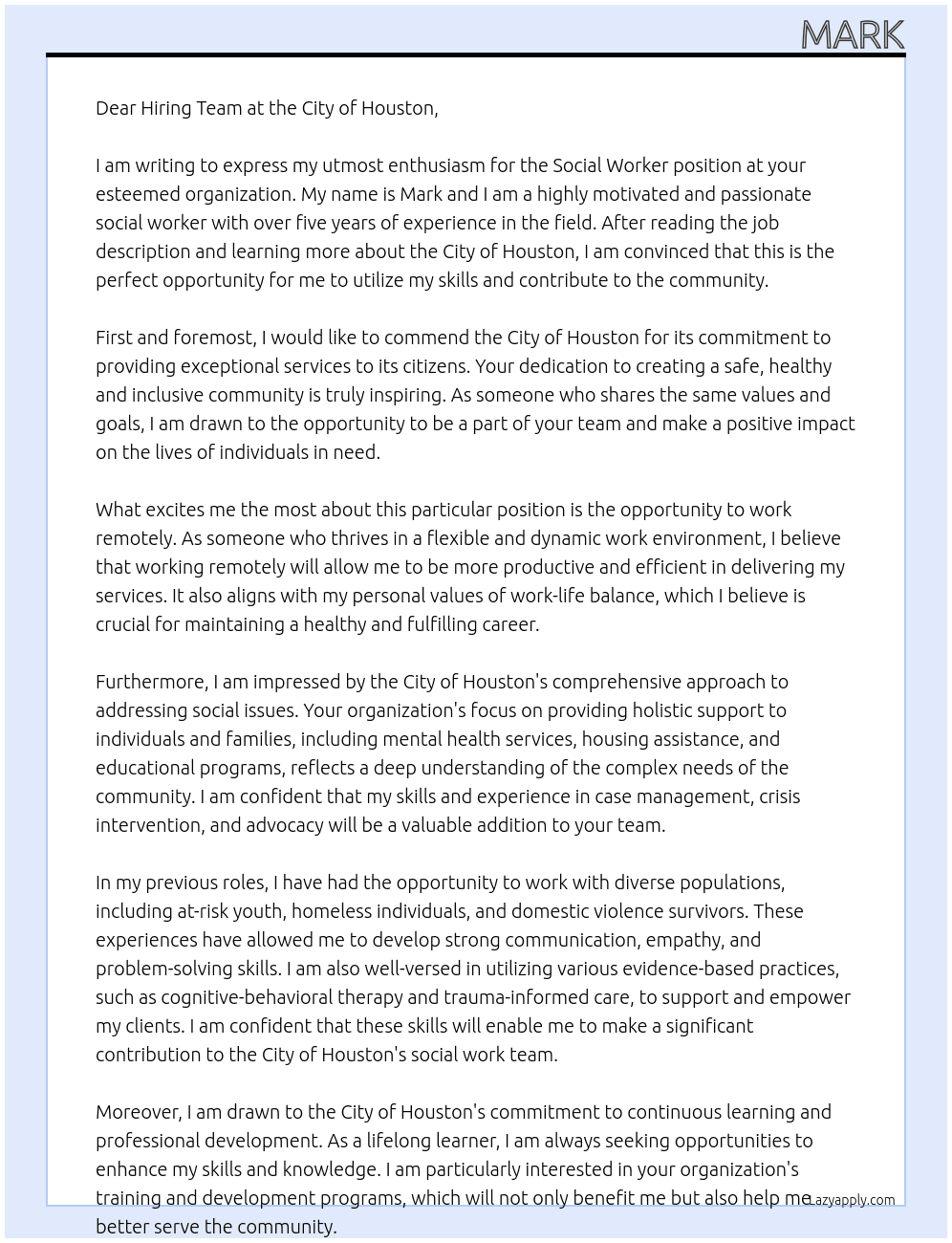 Social Worker At City of Houston Cover Letter