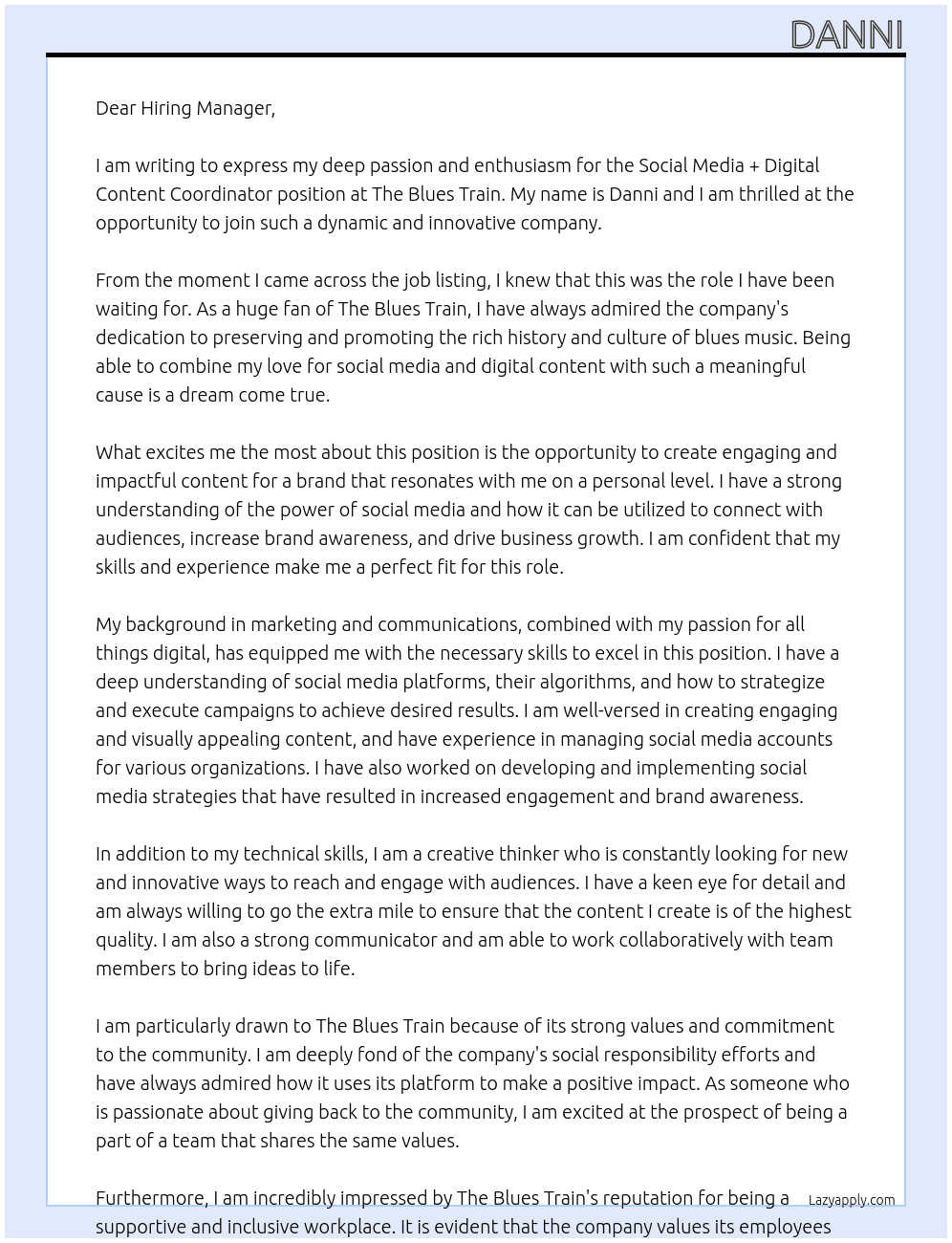 Social Media + Digital Content Coordinator At The Blues Train Cover Letter