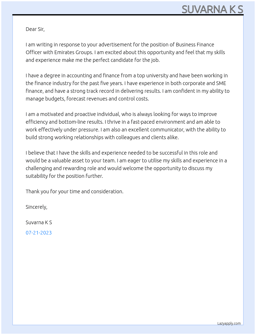 Business finance Officer At Emirates Groups Cover Letter