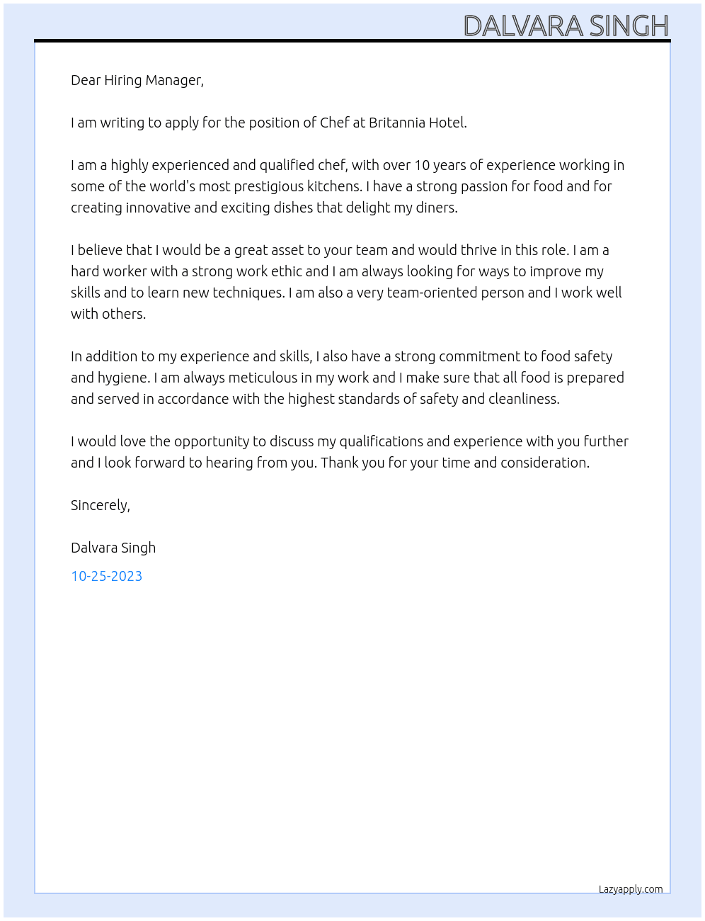 Chef At Britannia Hotel Cover Letter