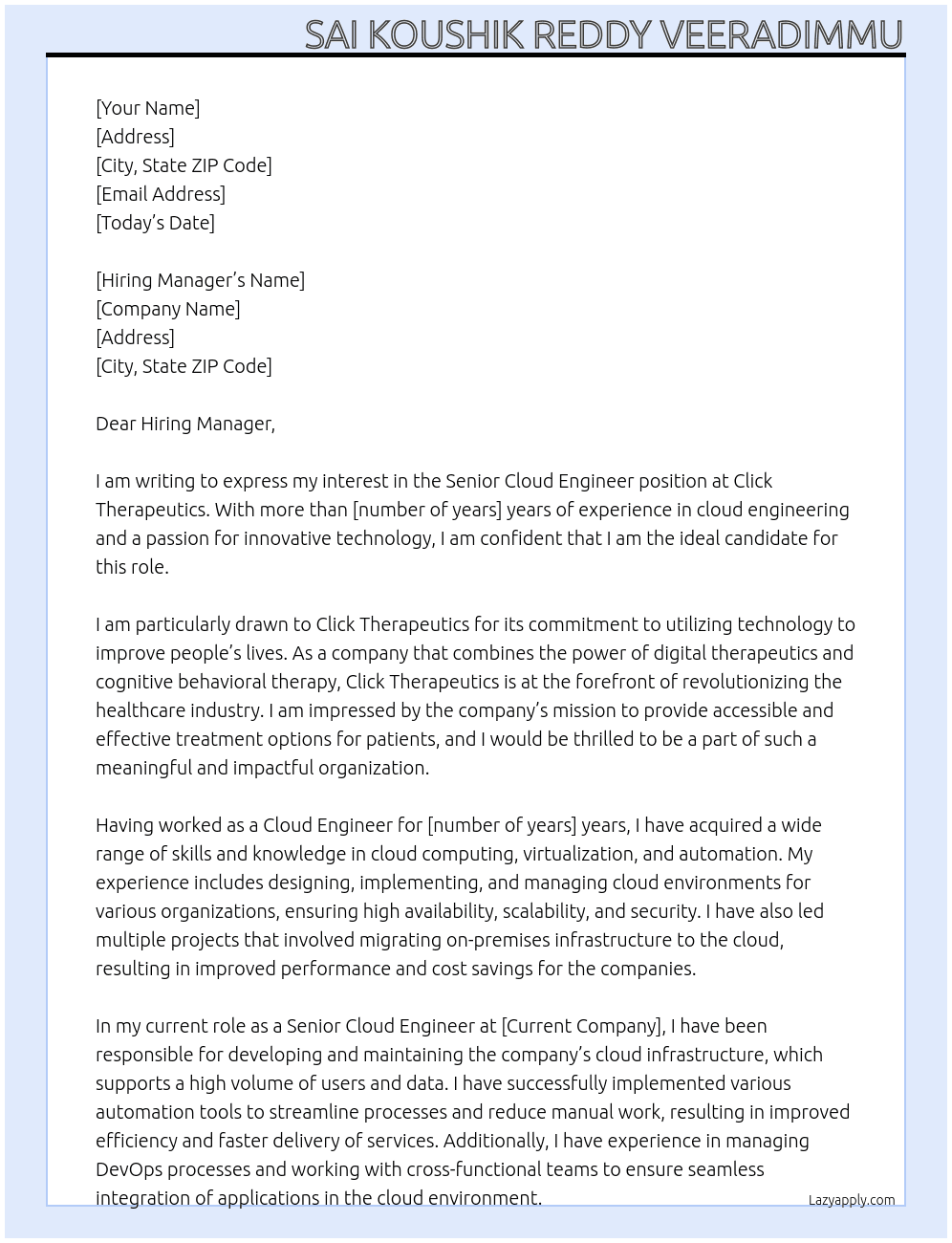 Senior Cloud Engineer At Click Therapeutics Cover Letter