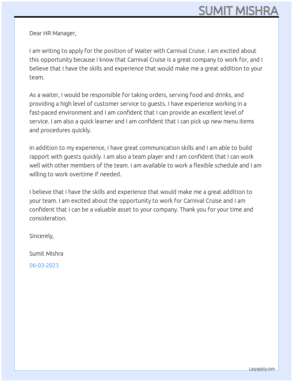 Waiter  At Carnival Cruise  Cover Letter