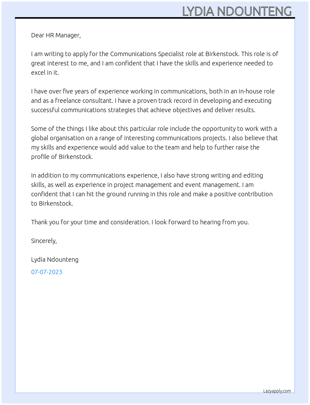 Communications specialist  At Birkenstock  Cover Letter