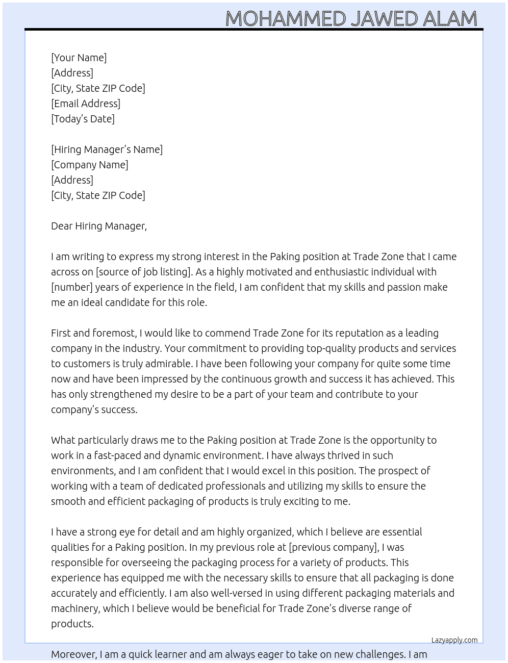 Paking  At Trade Zone  Cover Letter