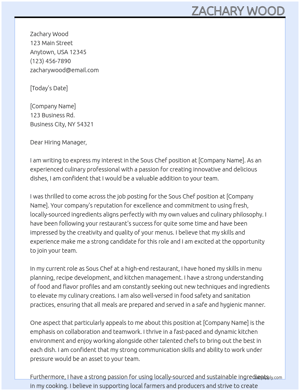 Sous Chef At Company Cover Letter