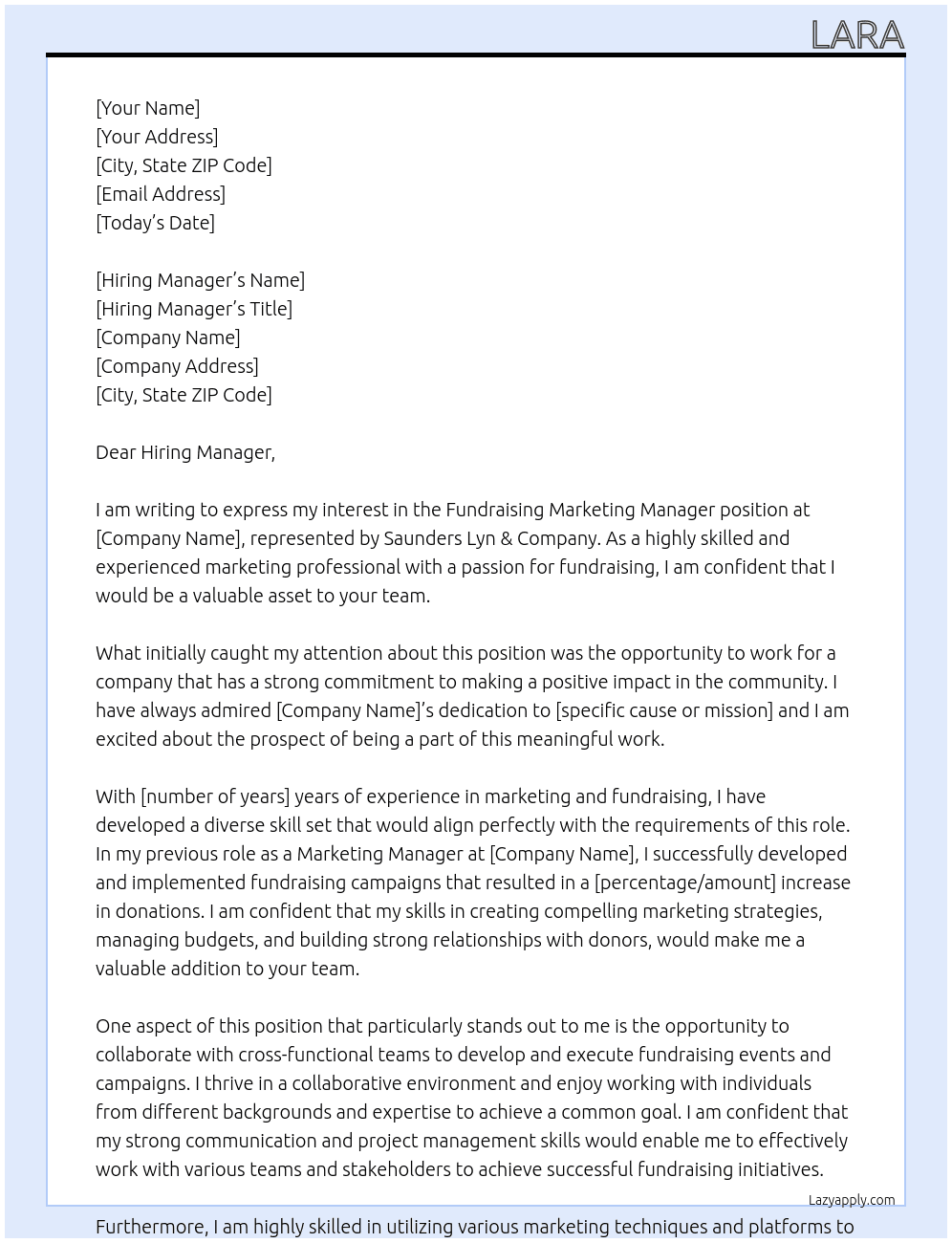 Fundraising marketing manager At represented by Saunders Lyn & Company Cover Letter