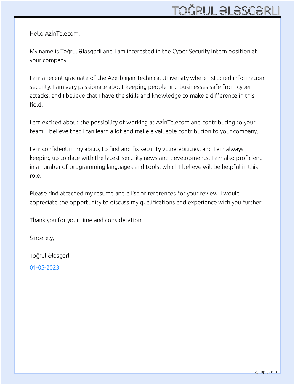 Cyber Securtiy İntern At AzİnTelecom Cover Letter