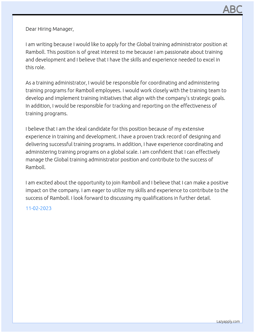 Global training administrator  At Ramboll Cover Letter