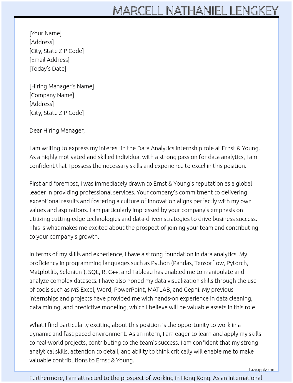 Data Analytics At Ernst & Young Cover Letter